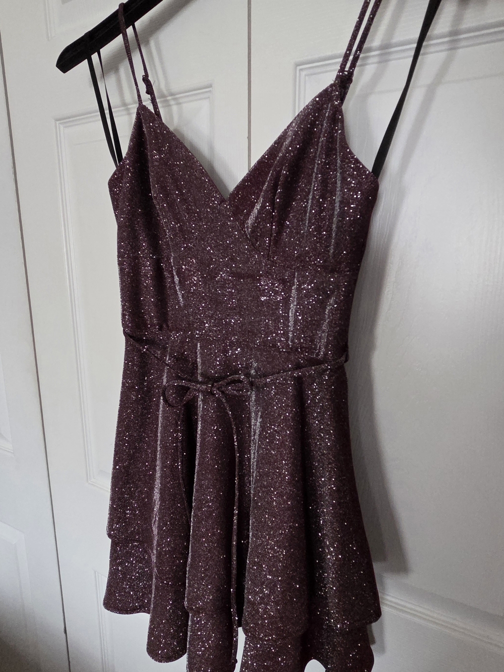 B Darlin Sparkle Plum Mini Dress with Tie Waist